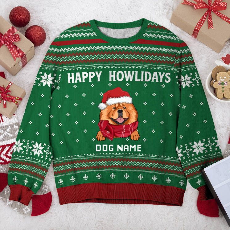 Chow Chow Happy Howlidays Personalized Sweater, Dog Ugly Christmas Sweater