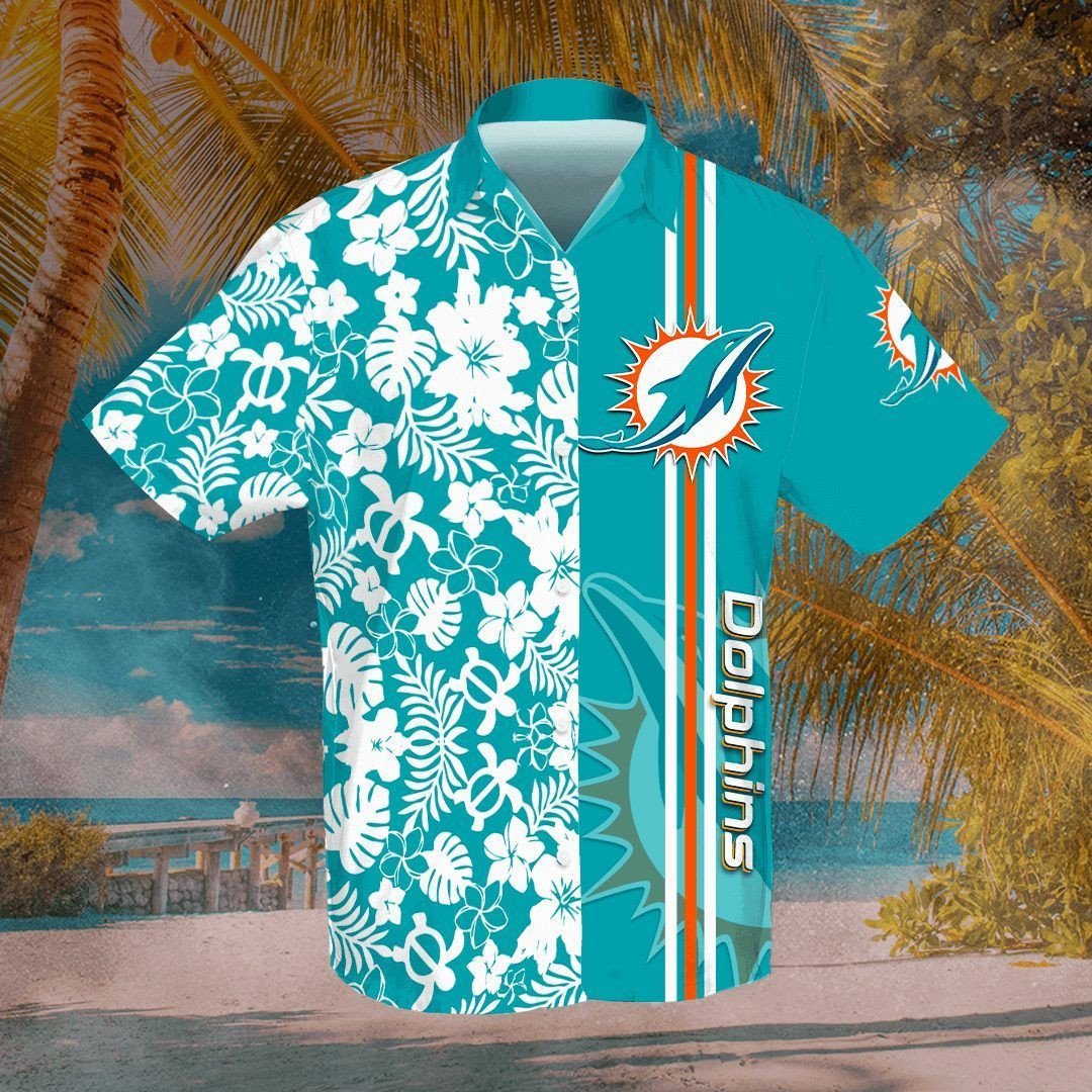 Miami Dolphins All Over Print 3D Flowery Short Sleeve Dress Shirt Hawaiian Summer Aloha Beach Shirt – Turquoise