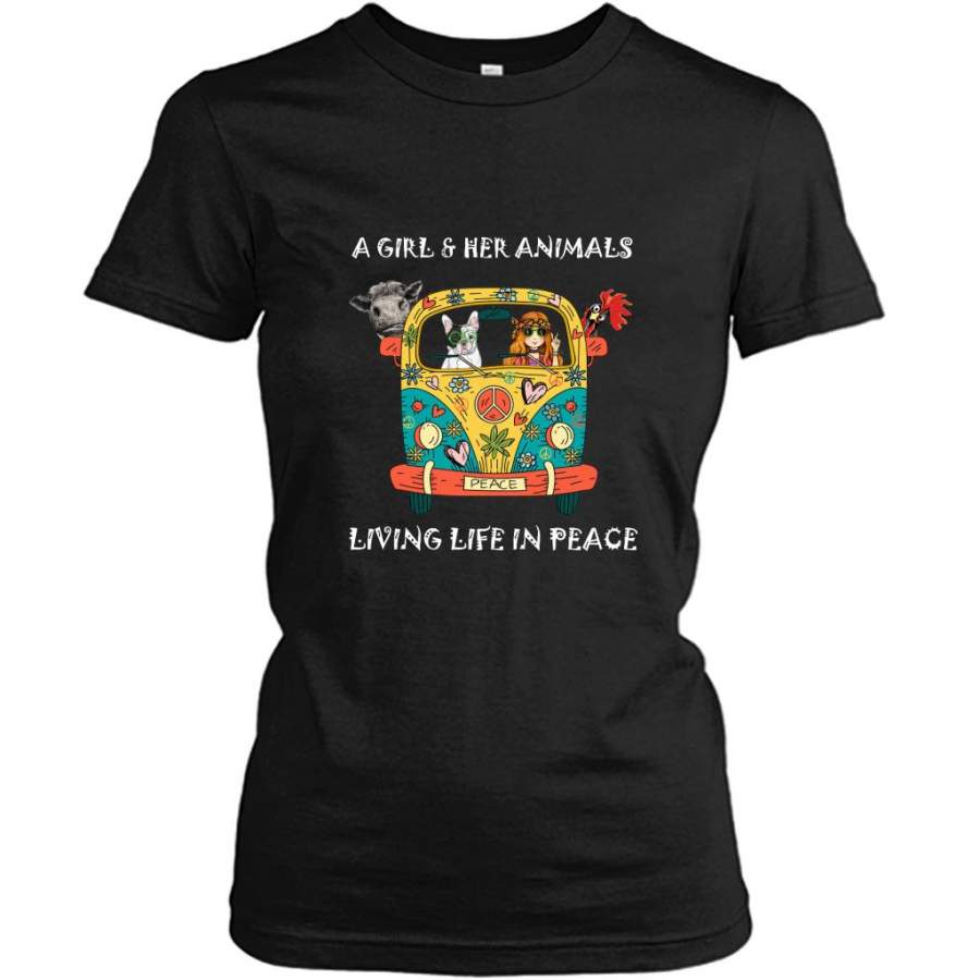 A Girl And Her Animals Living Life In Peace, Hippie Car Heifer Chicken Dog Lover – Gildan Women Shirt