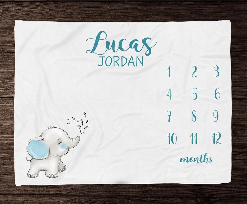 Baby Boy Elephant Milestone Blanket, Personalized Baby Boy Blanket With Elephant Baby Bedding, Elephant Baby Shower Gift