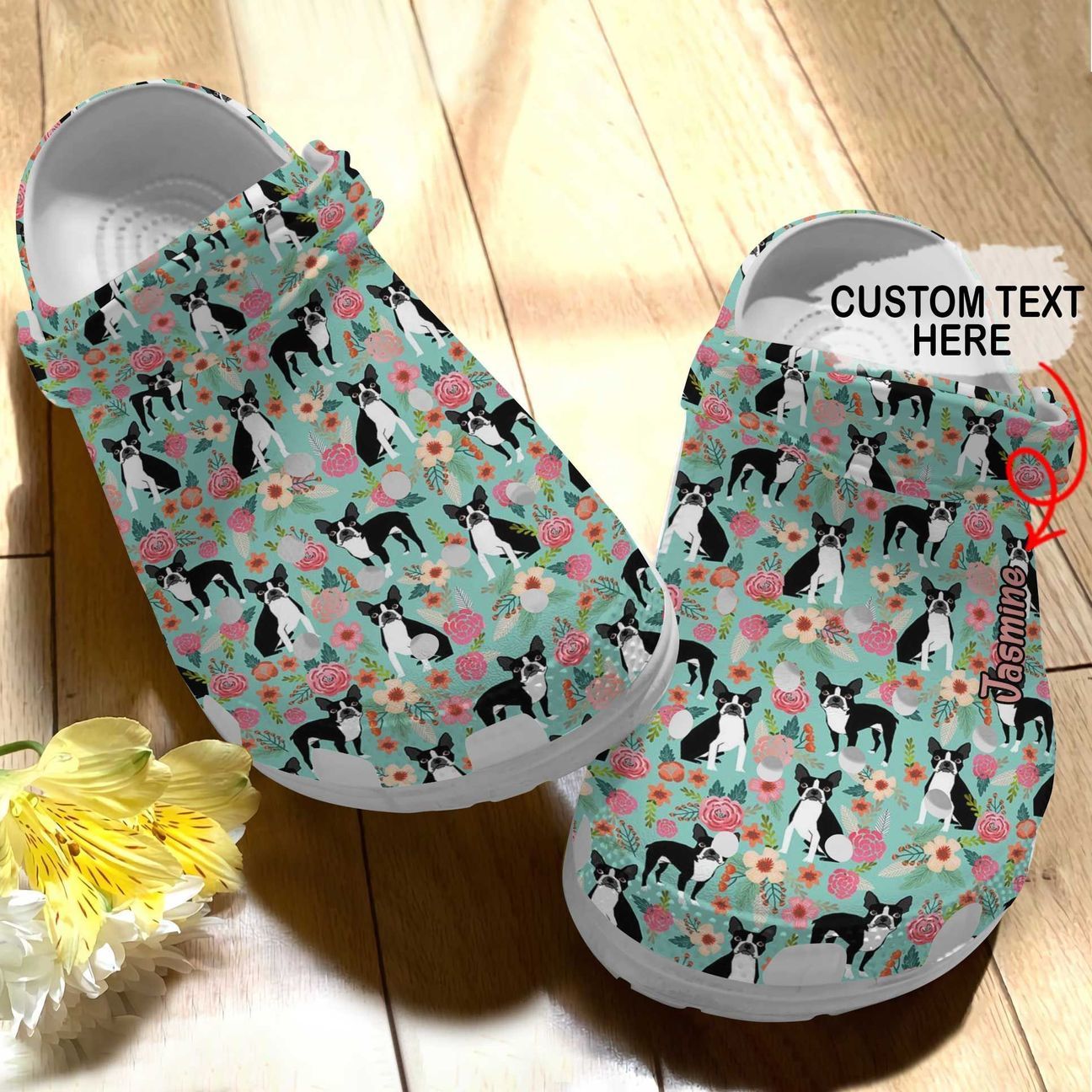 Boston Terrier Personalized Clog, Custom Name, Text Boston Terrier Floral Pattern, Fashion Style For Women, Men, Kid, Print 3D