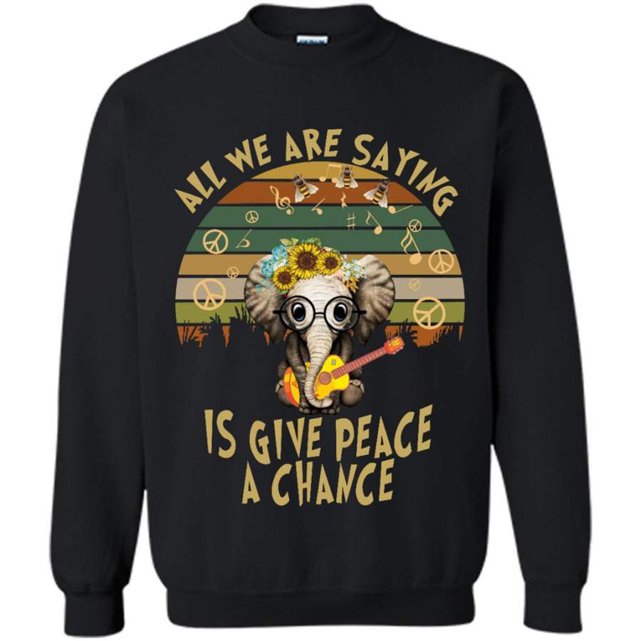 All We Are Saying Is Give Peace A Chance, Retro VIntage, Elephant Floral Guitar Design – Gildan Crewneck Sweatshirt