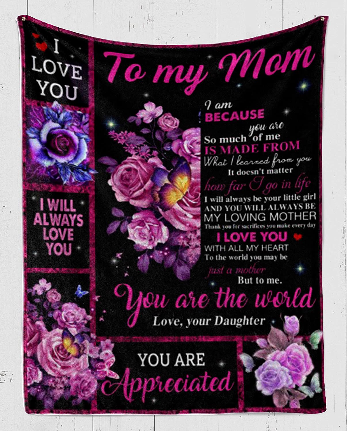 Fleece Blanket -Butterfly and Rose Fleece Blanket-to My mom-to me You are The World- Fleece Blanket 3D Soft Cozy Lightweight Durable Plush Throw Blanket for Bedroom Living, Gift for Mother