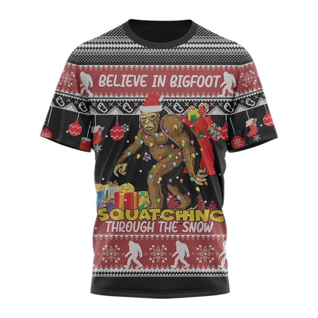 Alohazing 3D Ugly Christmas Believe In Big Foot T-Shirt