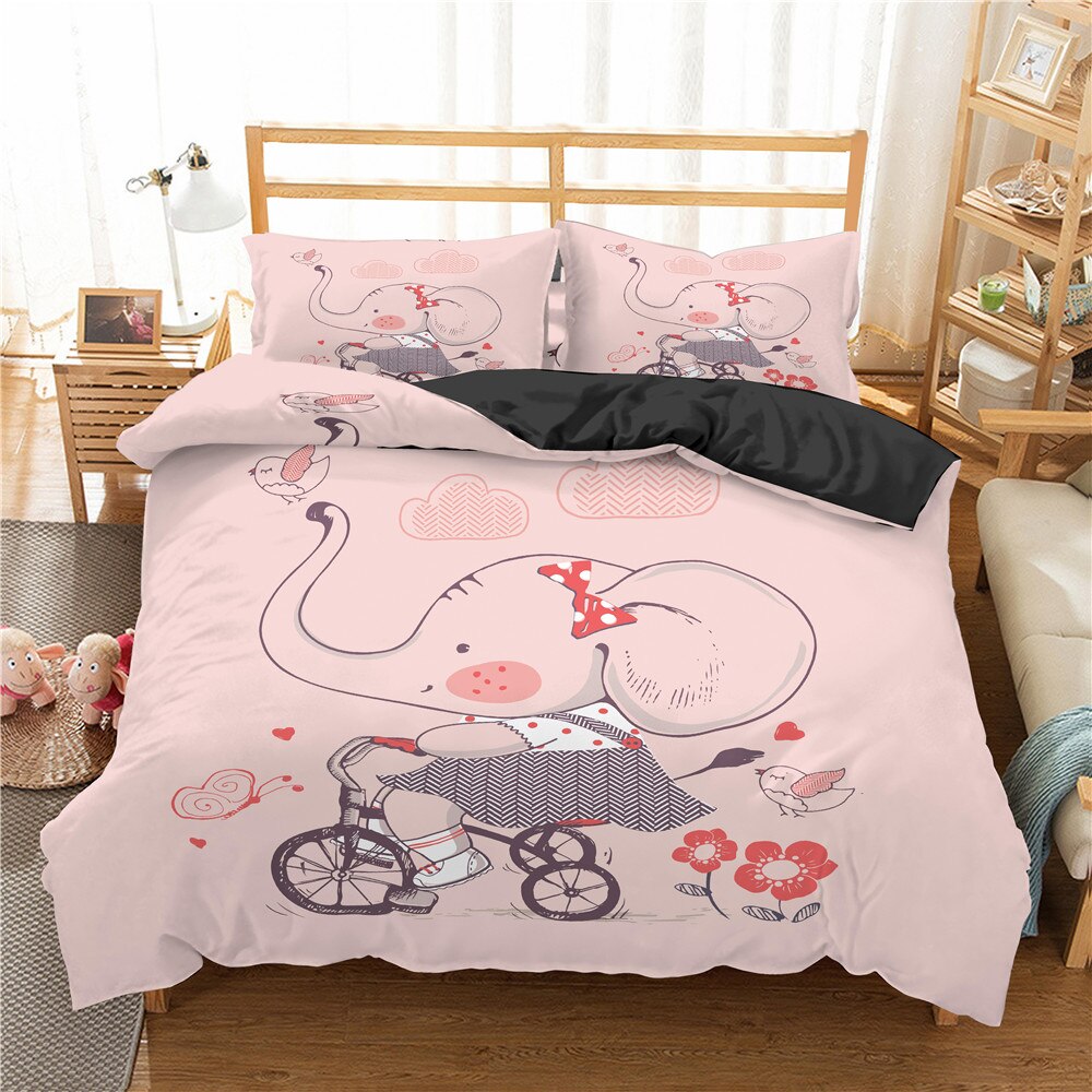 Lovely 3D Cartoon Print Bedding Set For Kids Pink Elephant Duvet Cover Set King Queen Size Cover Bedcloth Decor