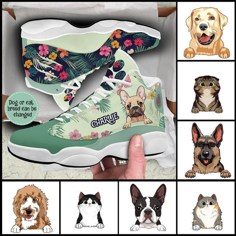 Tropical Pattern Dog Cat Customized White Aj 13 Shoes, Custom Dog Shoes, Personalized Pet Jd Shoes, Puppy Pet Lover Gift