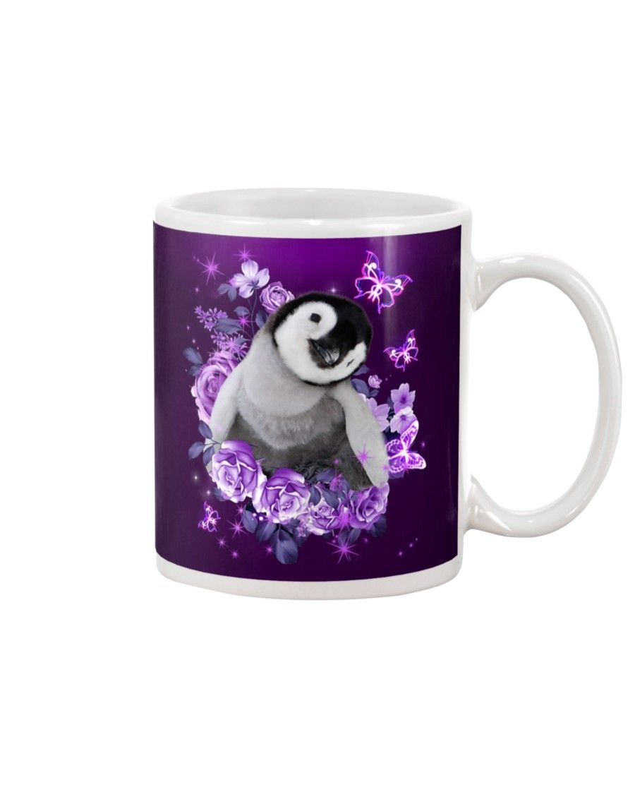 Penguin purple flowers face Mug White 11Oz