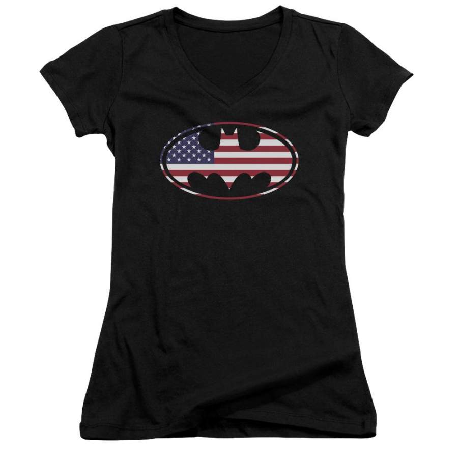 Batman American Flag Oval Juniors V-Neck T-Shirt