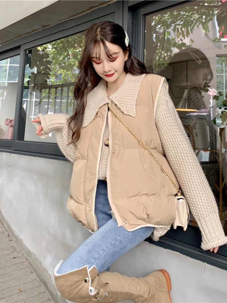 Xgoth Autumn Winter Korean Oversize Peter Pan Collar Preppy Sweater + Apricot Sleeveless Thickened Vest Female Two-piece Set alx