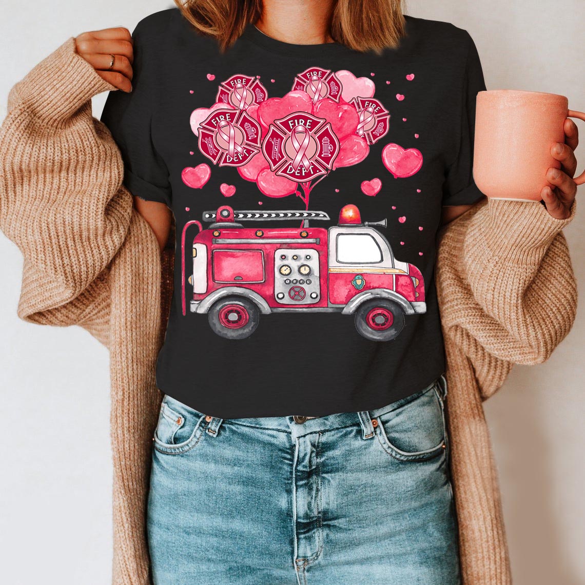Fire Department With Pink Car Shirt – Breast Cancer Awareness T-Shirt Gifts For Mom Daughter Friends Hoodies Sweater Pink