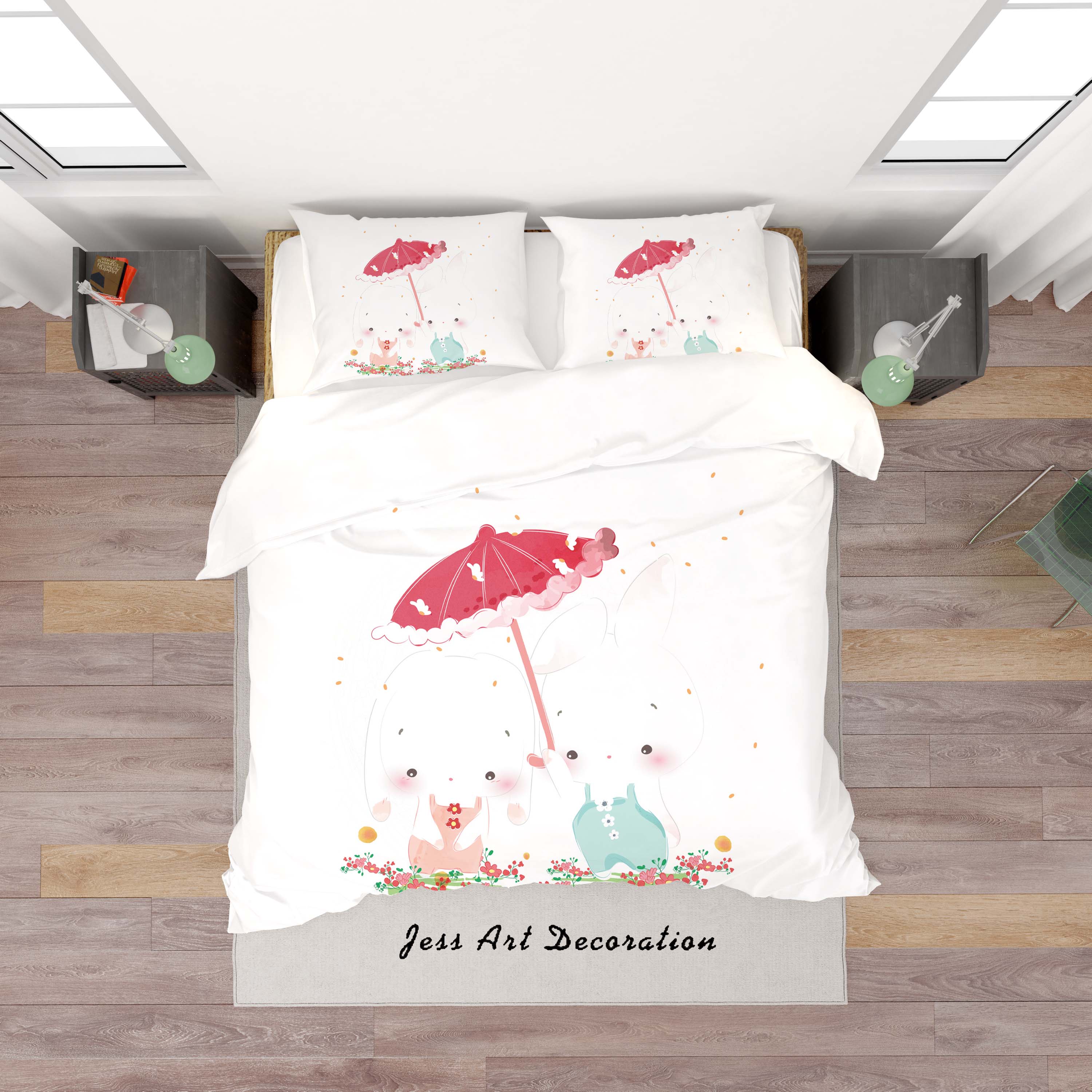 3D White Rabbit Umbrella Quilt Cover Set Bedding Set Duvet Cover Pillowcases Sf97