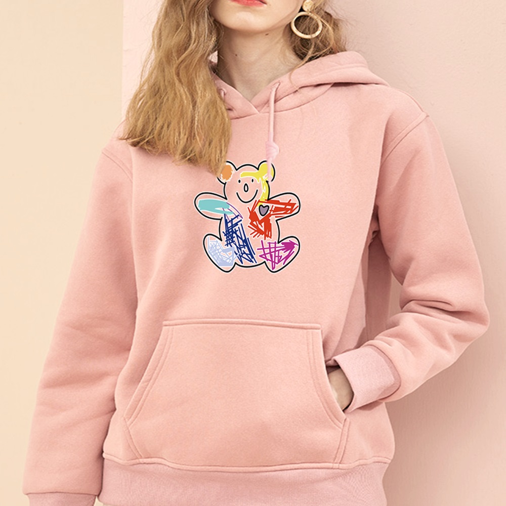 2022 Hoodie Women’s Fashion Long-sleeved Cute Bear Print Top Loose Pocket Sweatshirt Girls Clothes Wear Pullover Sports Hoodies alx