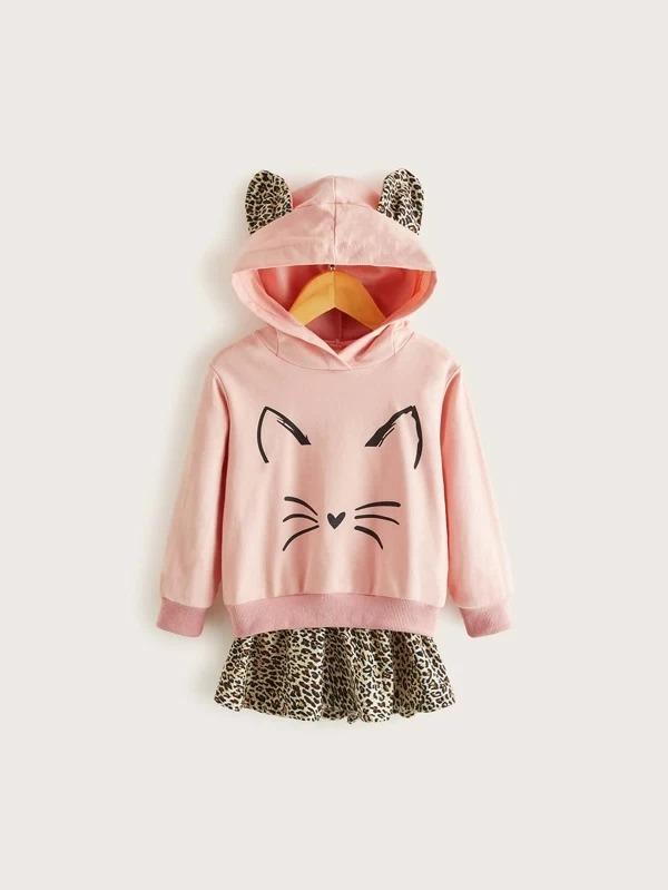 Toddler Girls Cartoon Graphic Leopard Panel Hoodie Dress