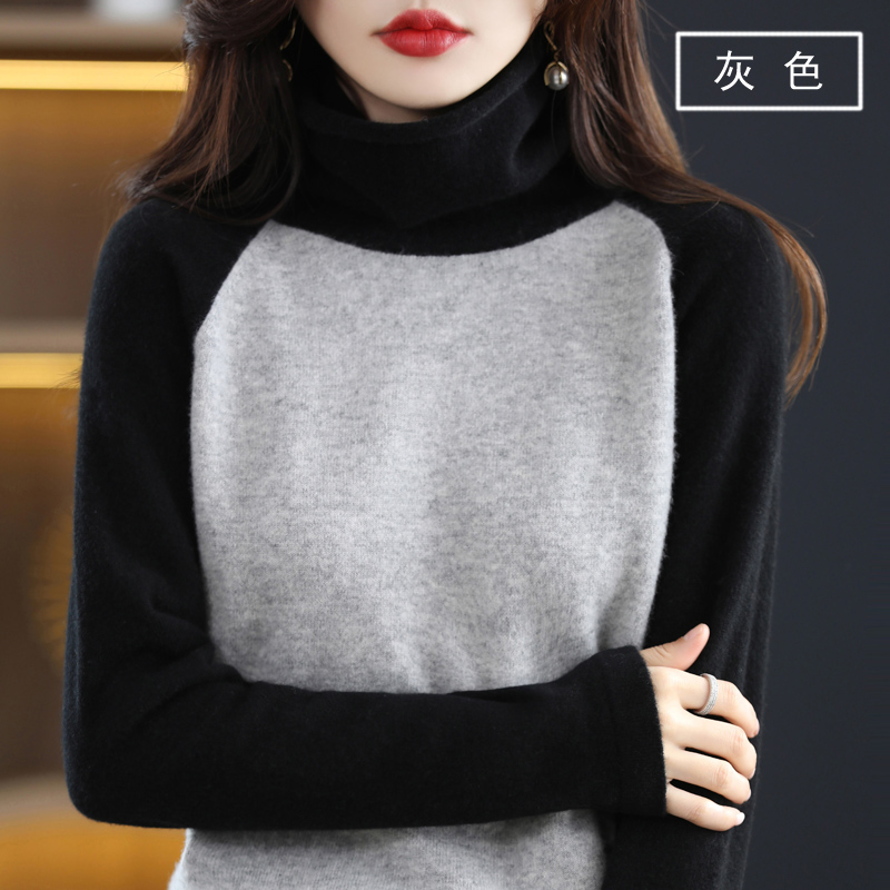 100% Wool Sweater New Hot Sale Pullover Color Block Ladies Knit Turtleneck Sweater Slim Fit Fashion Long Sleeve Cashmere Sweater alx