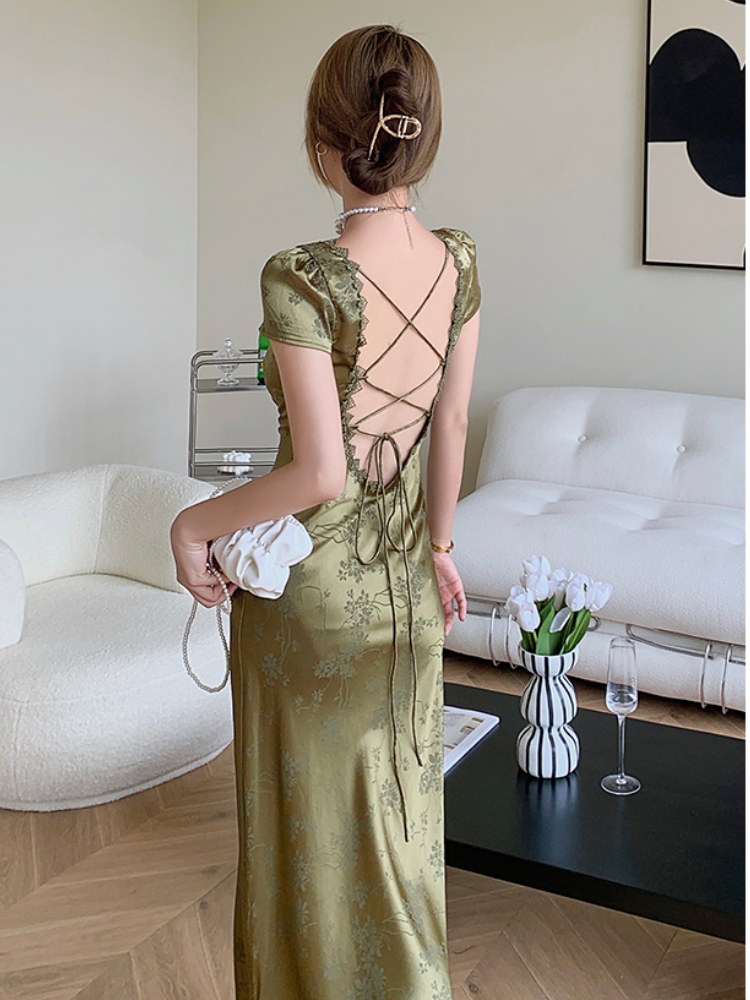 Summer Elegant Women Satin Backless Midi Dress Short Sleeve Lace Sexy Bandage Vintage Bodycon Vestidos Female Fashion Robe New alx