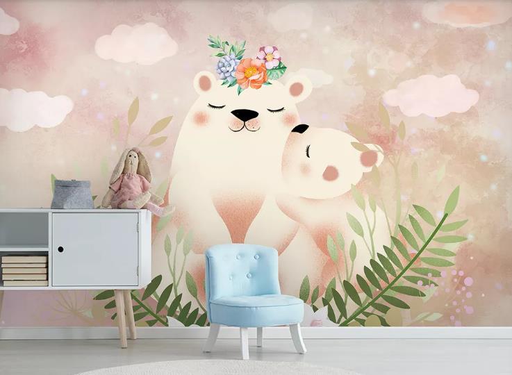 3D Watercolor Animal Bear Cloud Leaf Wall Mural Wallpaper Lqh 293