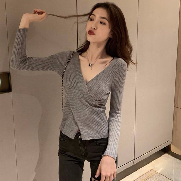 2021 New Korean Design Sexy Cross V-neck Slim Knit Long Sleeve Top Pullover Bottomed Sweater alx