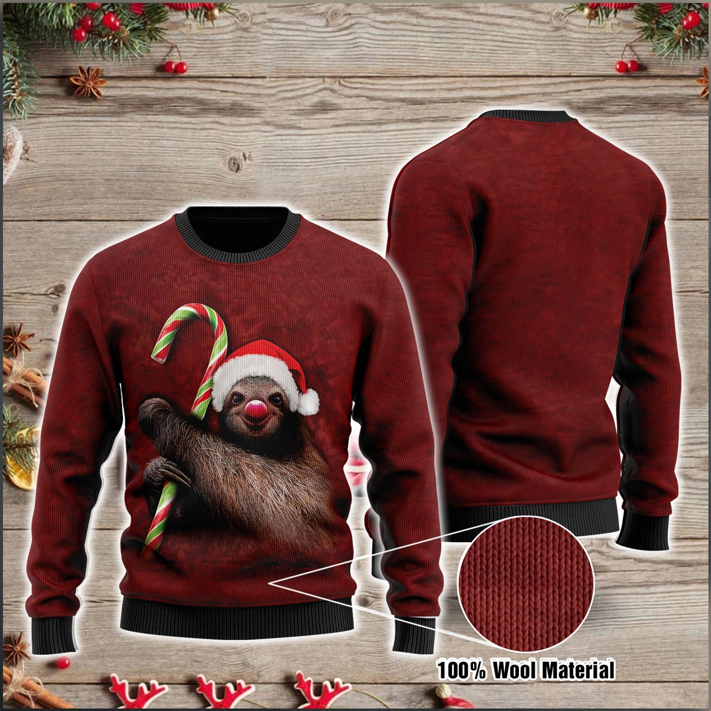 Sloth With Candy Cane Happy Xmas Wool Sweater