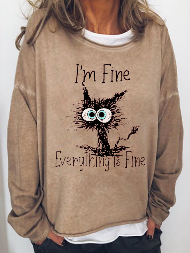 I’M Fine Everthing Is Fine Cat Funny Print Long Sleeve Top