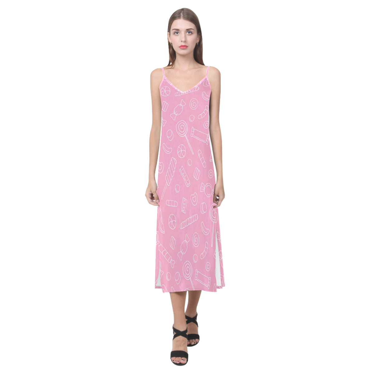 Sweet candy pink background V-Neck Open Fork Long Dress