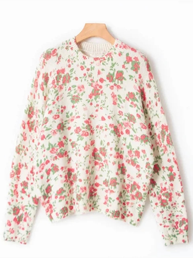 Women Floral O-Neck Knitted Sweater Long Sleeve Ladies Pastoral Style Sweet Knitwear All-Match Pullover Tops alx