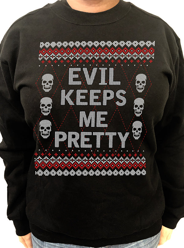 Women’S Evil Keeps Me Pretty Ugly Christmas Sweatshirt By Pinky Star