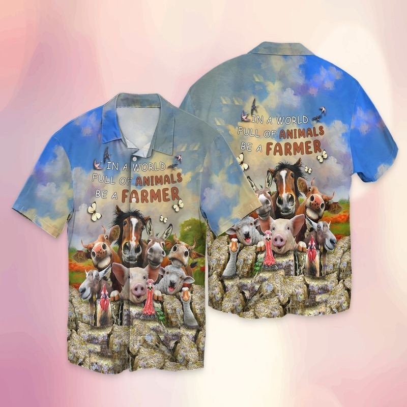 Farmer In A World Full Of Animals Be Graphic Print Short Sleeve Hawaii Casual Shirt Ha38126