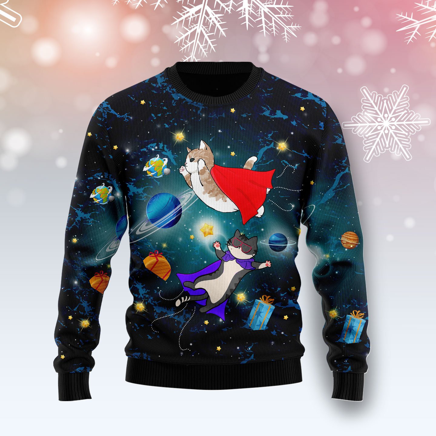 Cat Galaxy TY2411 unisex womens & mens, couples matching, friends, funny family ugly christmas holiday sweater gifts (plus size available)