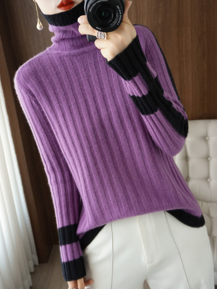 BELIARST New Cashmere Sweater Women’s High-Neck Color Matching 100% Pure Wool Pullover Fashion Warm Knitted Bottoming Shir Tops alx