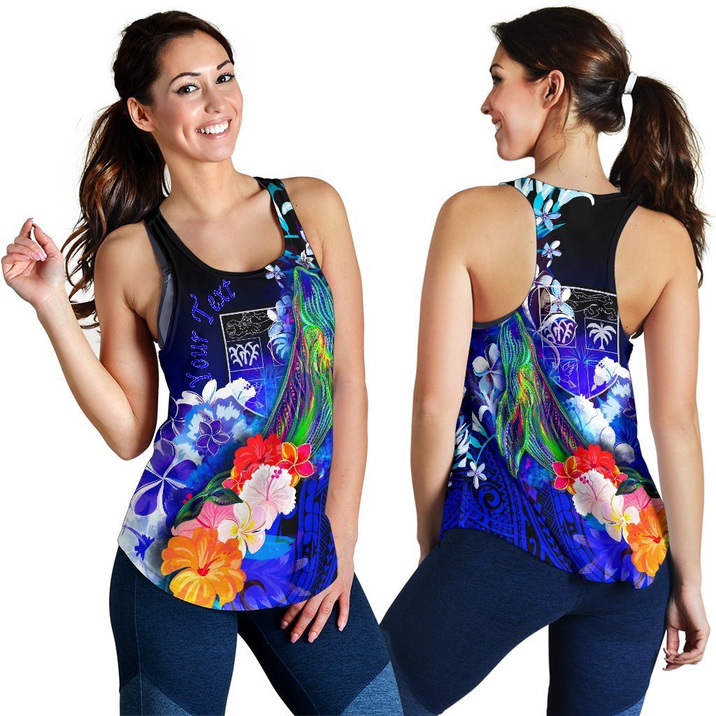 Fiji Custom Personalised Women’S Racerback Tank – Humpback Whale With Tropical Flowers (Blue)