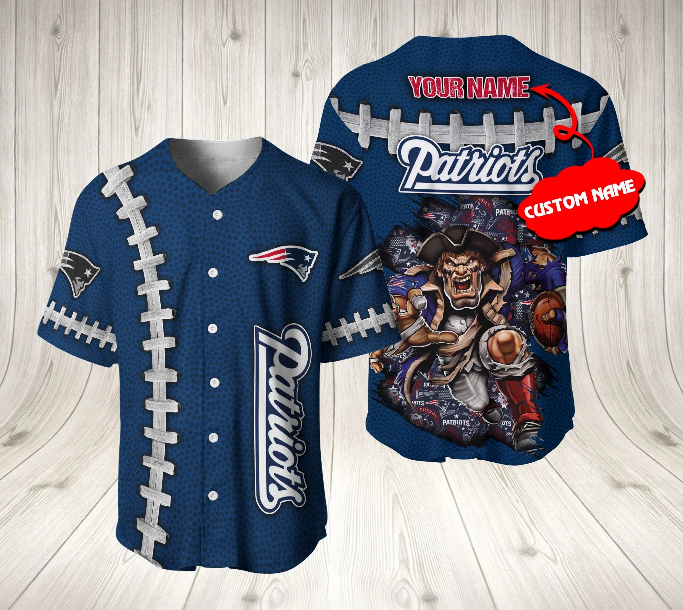 New England Patriots Baseball Jersey Mascot Logo Custom Name