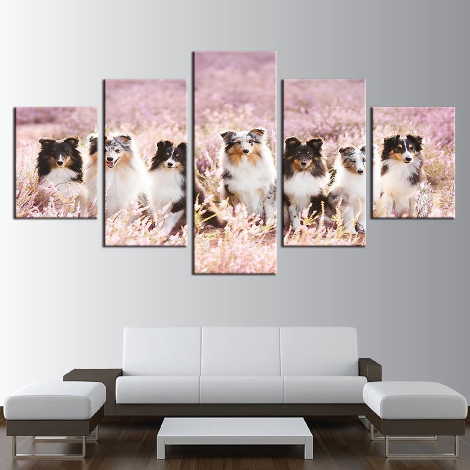 Pet Dogs In Flowers – Animal 5 Panel Canvas – Wall Art