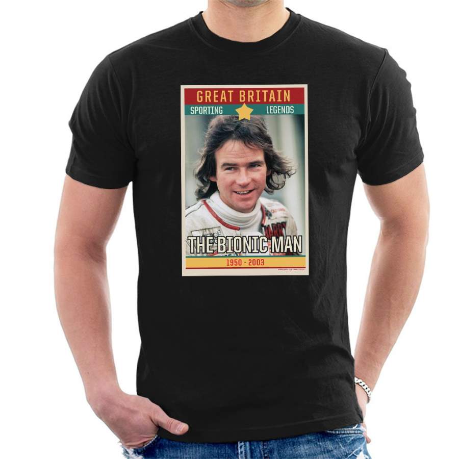 Sporting Legend Poster UK Barry Sheene Bionic Man World Motor Cycle Champion 1977 Men’s T-Shirt
