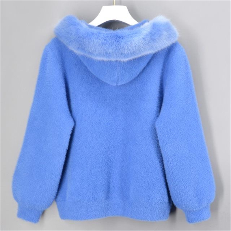 2021 Fall New Fur Collar Hooded Sweater Jacket Women Solid Color Slim Faux Mink Fleece Cardigan Korean Zip Up Soft Knitted Coats alx