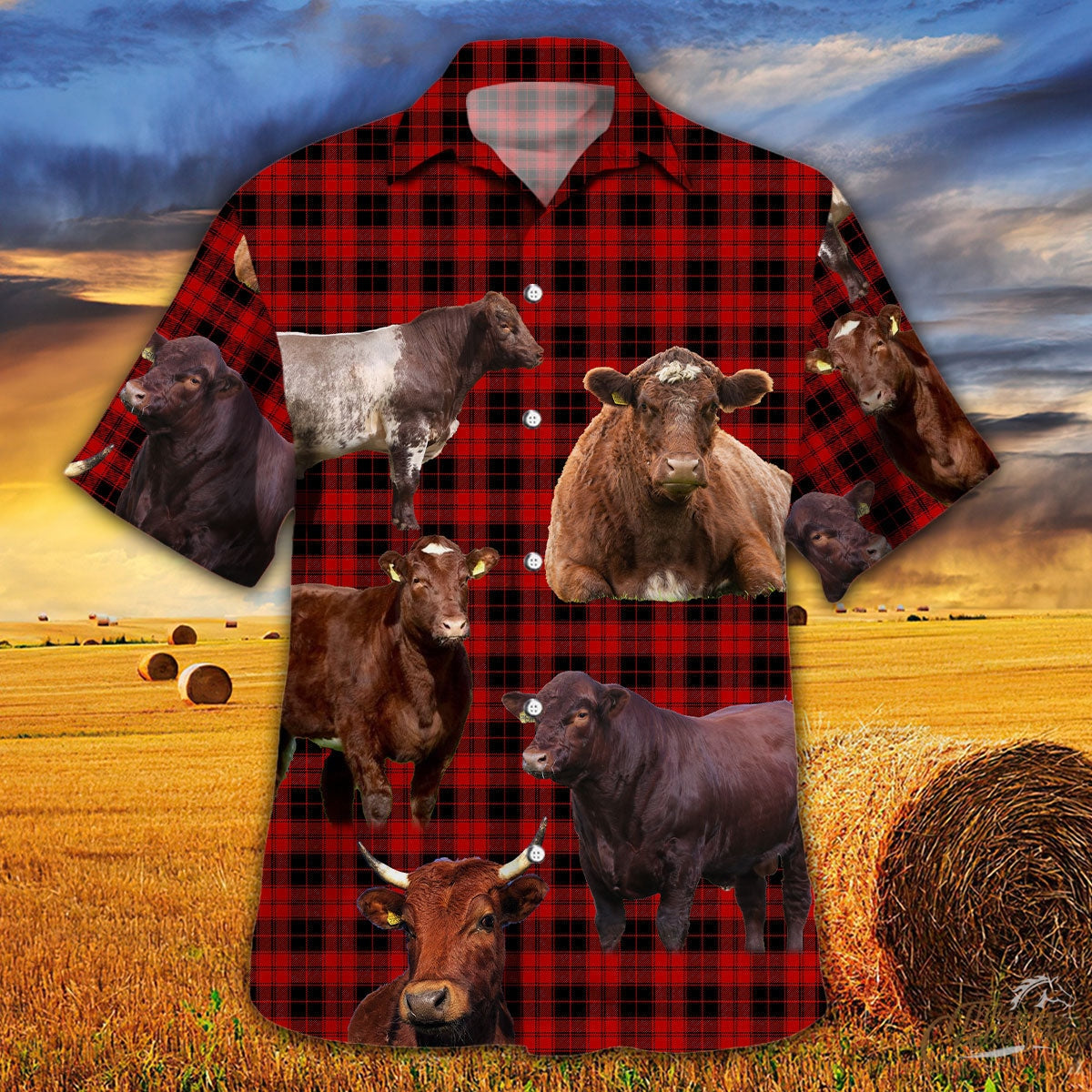 Shorthorn Cattle Red Tartan Pattern Hawaiian Shirt