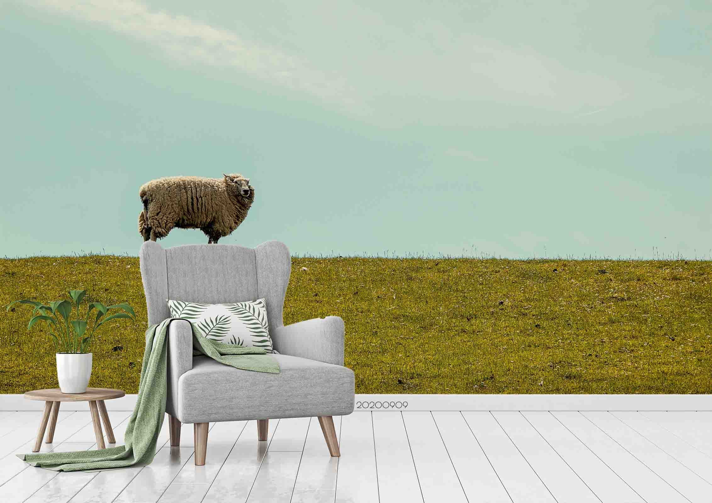 3D Sky Green Grassland Sheep Animal Scenery Wall Mural Wallpaper Lxl