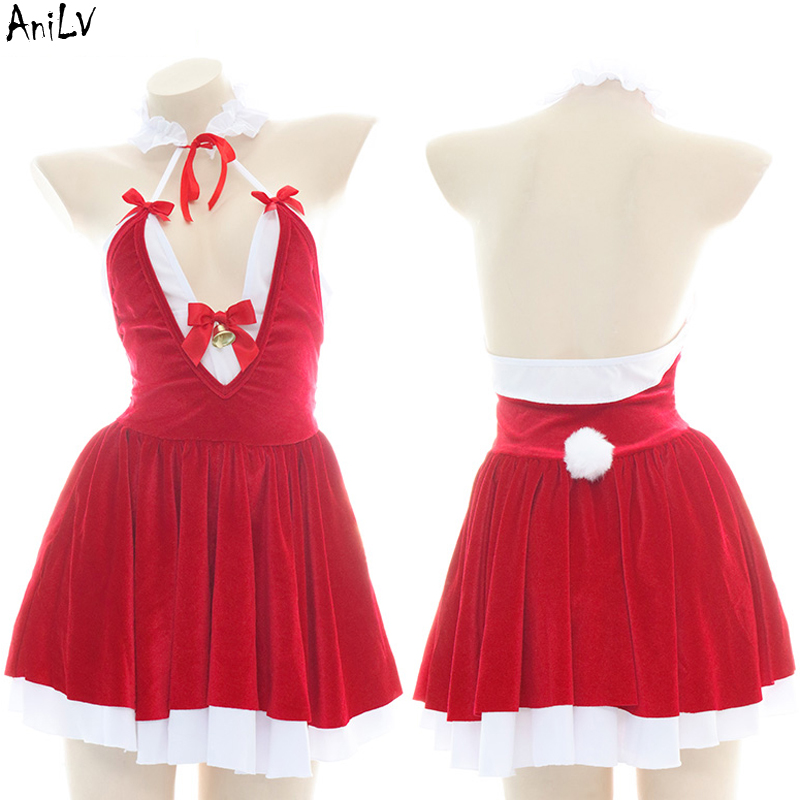 AniLV Christmas Eve Girl Deep V-neck Backless Halter Dress Costume Women Xmas Maid Bell Red Nightdress Pajamas Cosplay alx