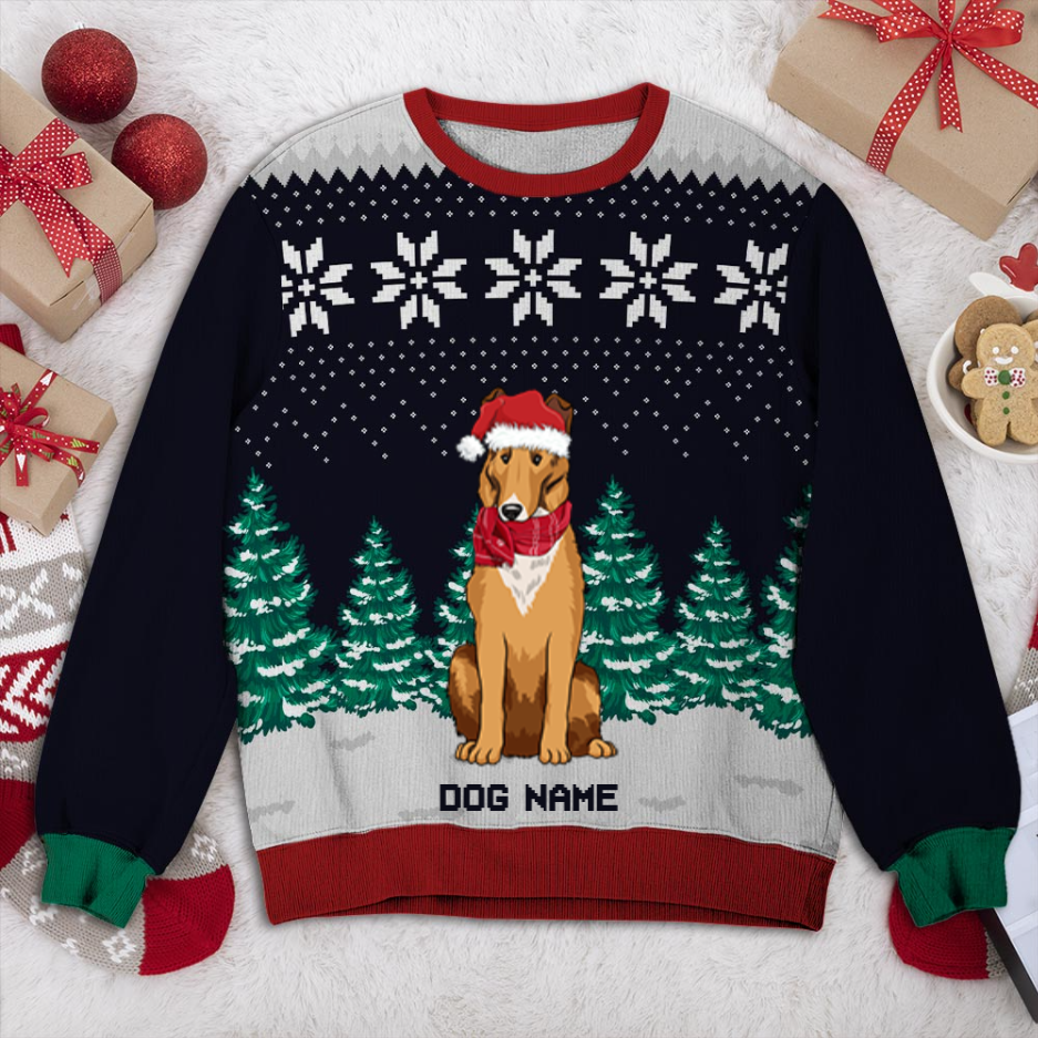 Smooth Collie Dog And Christmas Tree Personalized Sweater, Dog Ugly Christmas Sweater