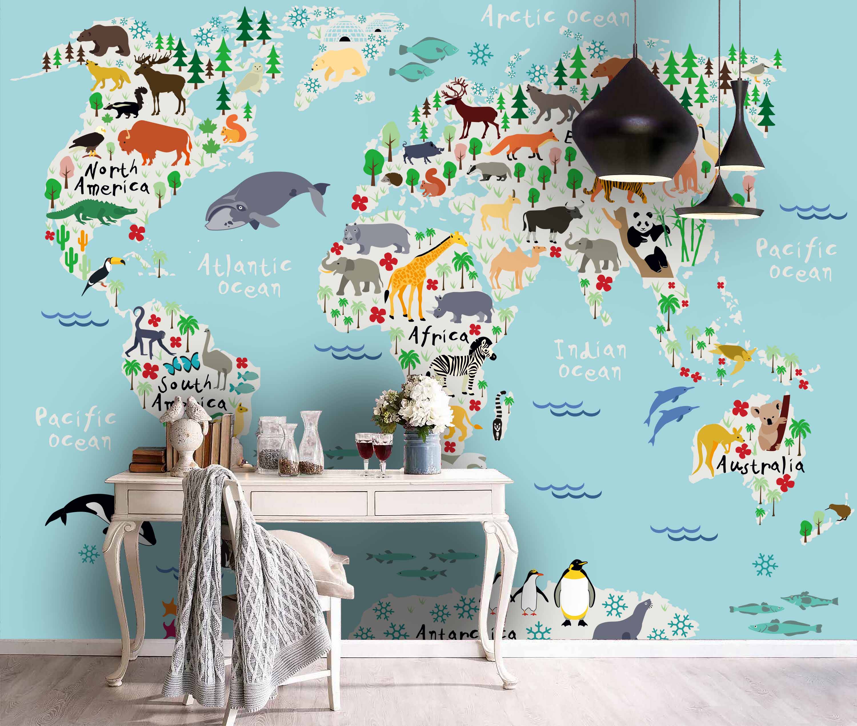 3D Color Cartoon Animal World Map Wall Mural Wallpaper  3