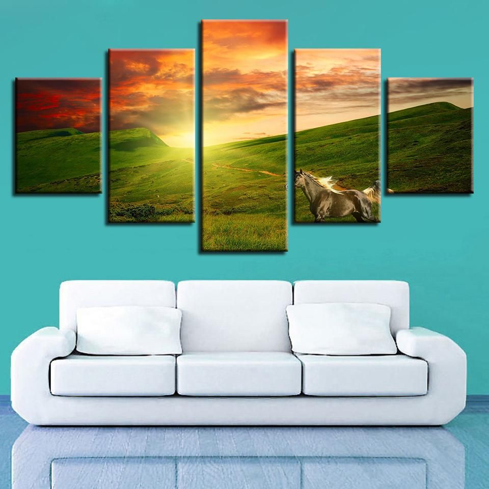 Sunrise Horse Grassland Landscape Animal 5 Panel Canvas Art Wall Decor