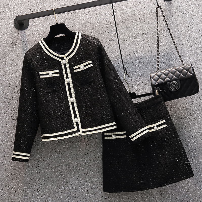 2 Piece Set Korean Fashion Elegant Women Winter New Single -breasted Weave Jacket +Woolen A-line Skirt Black Tweed Suits New 3XL alx