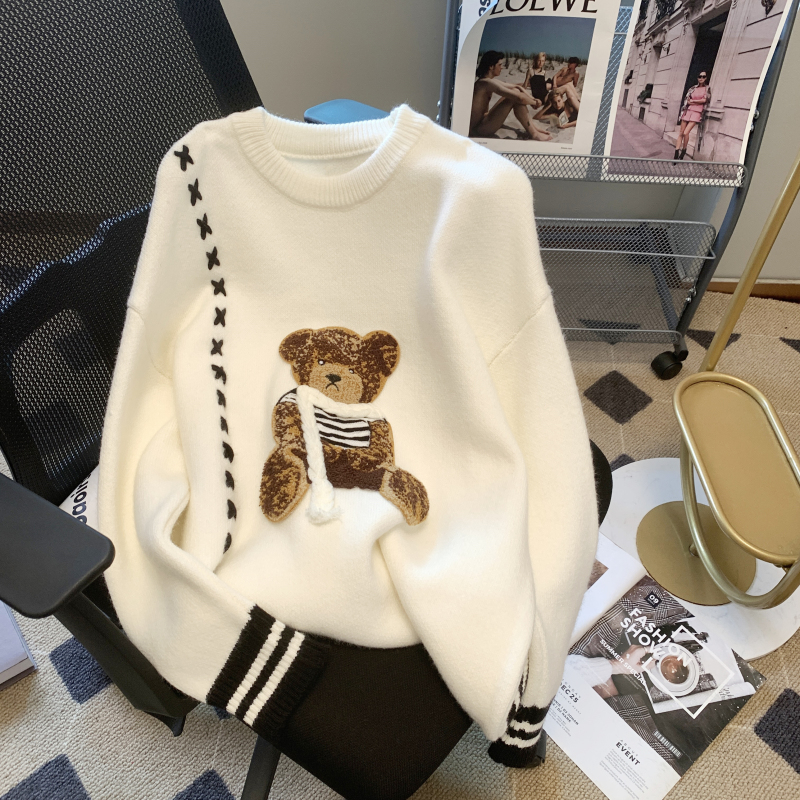 2022 Winter Women O-neck Cartoon Bear Sweater Patchwor Harajuku Korean Style Oversized Long Sleeve Pullover Sueters Feamle Tops alx