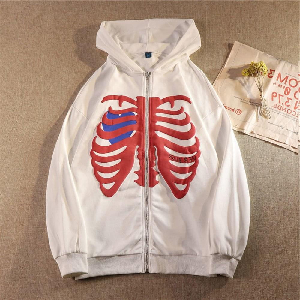 Y2K Zip Up Jackets Gothic Skeleton Print Hooded Streetwear Long Sleeve Women Hoodies Harajuku Casual Coats Loose Sweatshirts alx