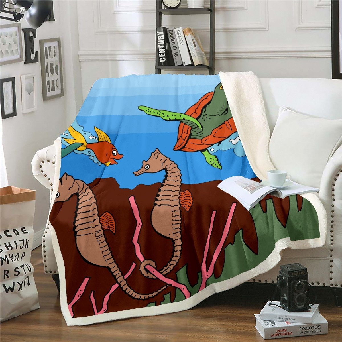 Underwater World Bed Throws for Kids Boys Teens, Hippocampus Fish Sea Turtle Printed Flannel Fleece Blanket Ocean Animal Sealife Throw Blanket,Baby Throw Twin Queen