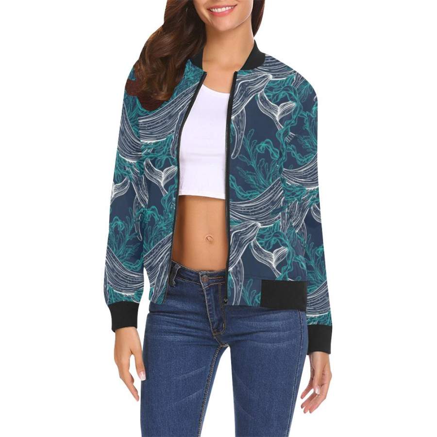 Whale All Over Print Bomber Jacket for Women