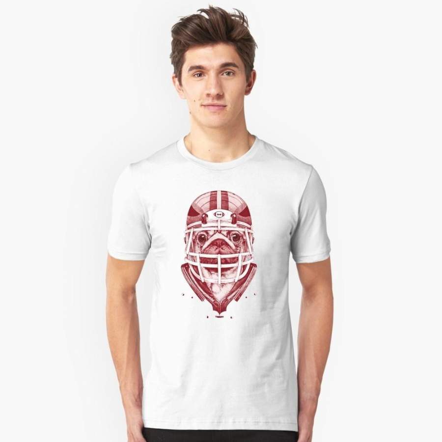 American Pug Football Red Large size men’s short-sleeved shirt T-shirt summer casual sweat absorption loose breathable pattern dog print