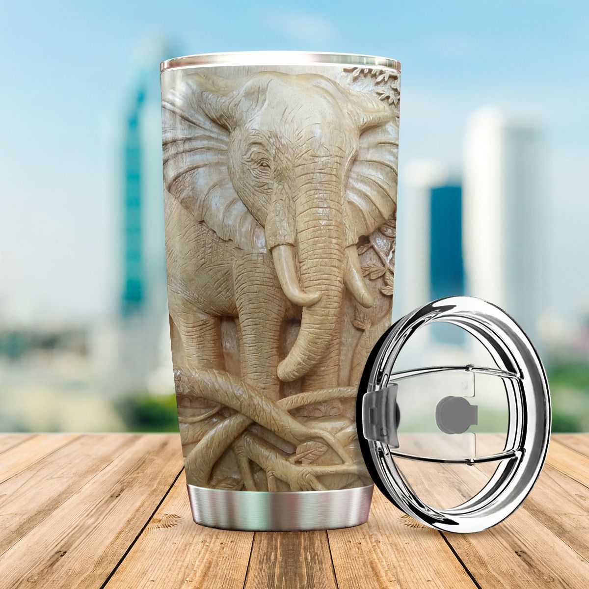 74KKANM-ELEPHANT TUMBLER WOODEN SCULPTURE