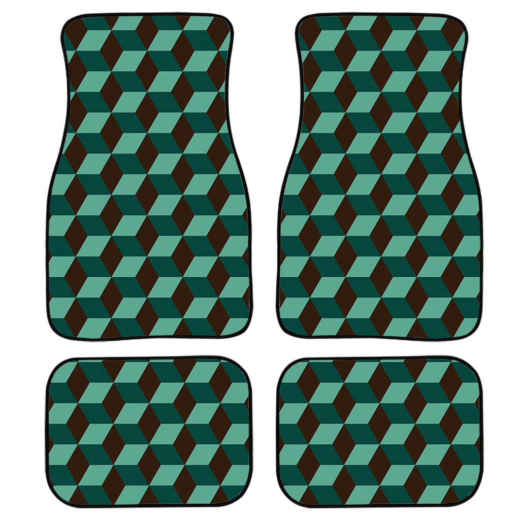 Dark Green Geometric Cube Pattern Print Front And Back Car Floor Mats, Front Car Mat