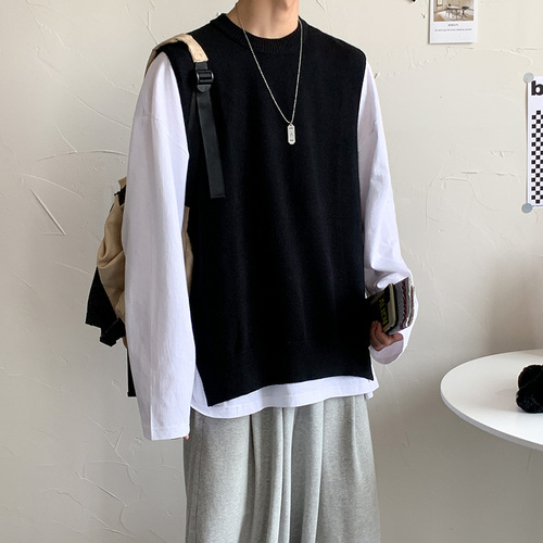 Sweater Vest Men Ins Baggy Unisex Ulzzang Fashion Streetwear All-match Clothes Knitting Japanese Teens Students Side Slit Design alx