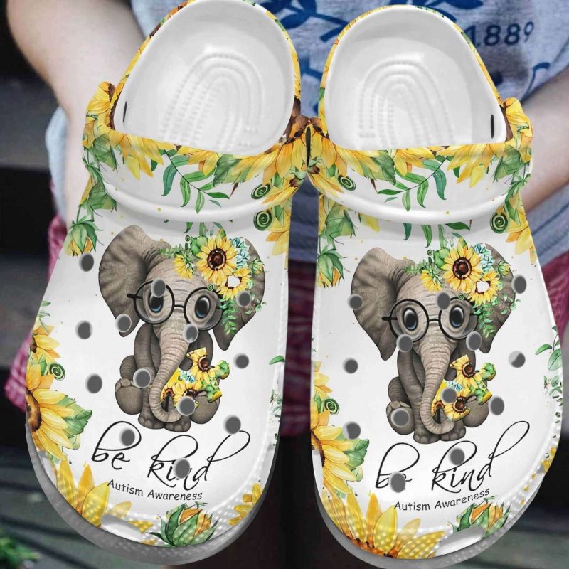 Autism Awareness Day Sunflower Baby Elephant Be Kind Puzzle Pieces Crocband Clog Shoes